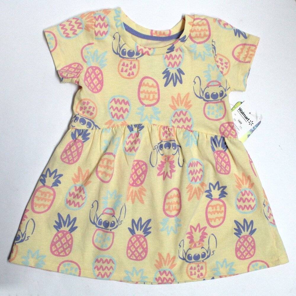 Disney Stitch Toddler Girl 18Month Print Short Sleeve Dress In Banana Yellow
